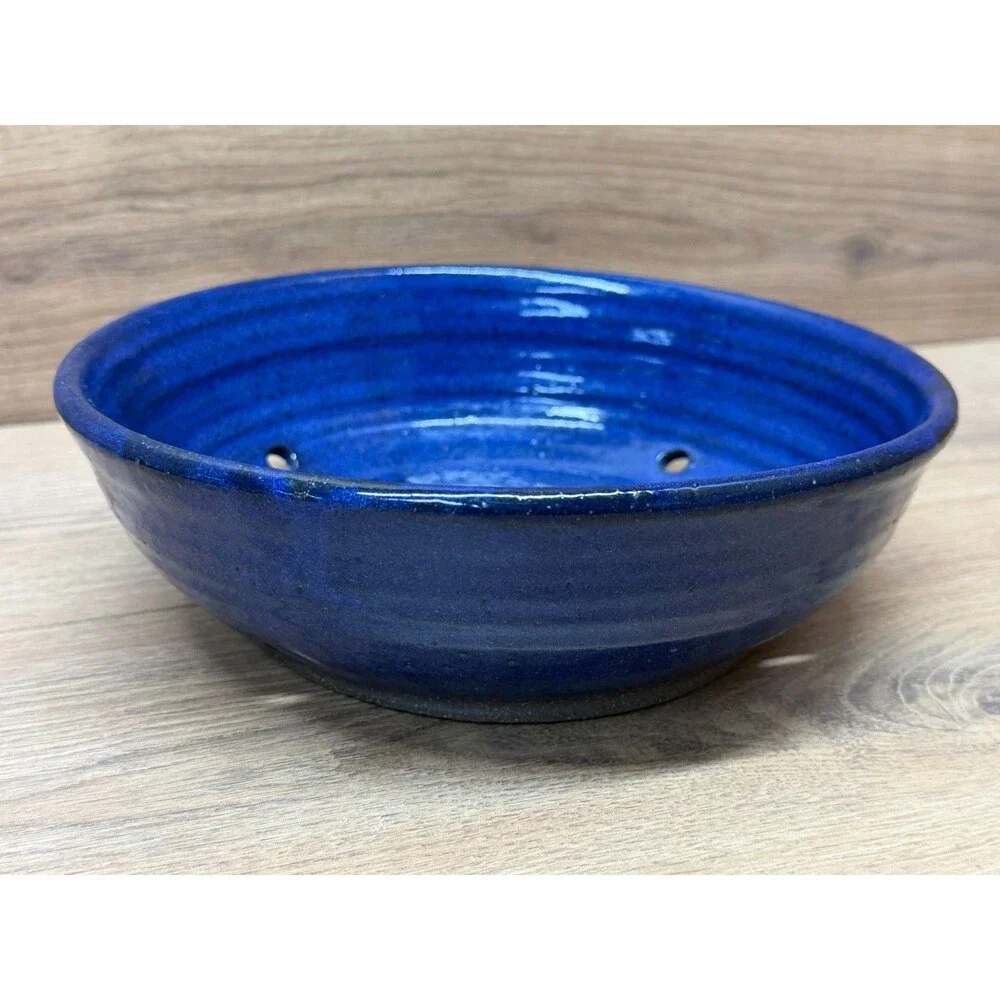 Artisan Cobalt Blue Berry Collander Strainer Handmade Thrown Pottery - Signed